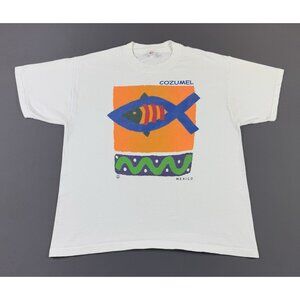 Vintage 90s Miro Art Tee Mexico Cozumel Painting Fish White Shirt XL Rare Promo
